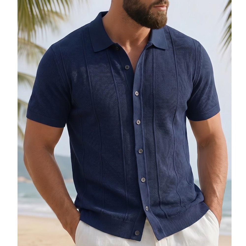 MIZZEN+MAIN Ashe SS Shirt Sweater Mens M Navy Blue Button Cooling Knit Polo